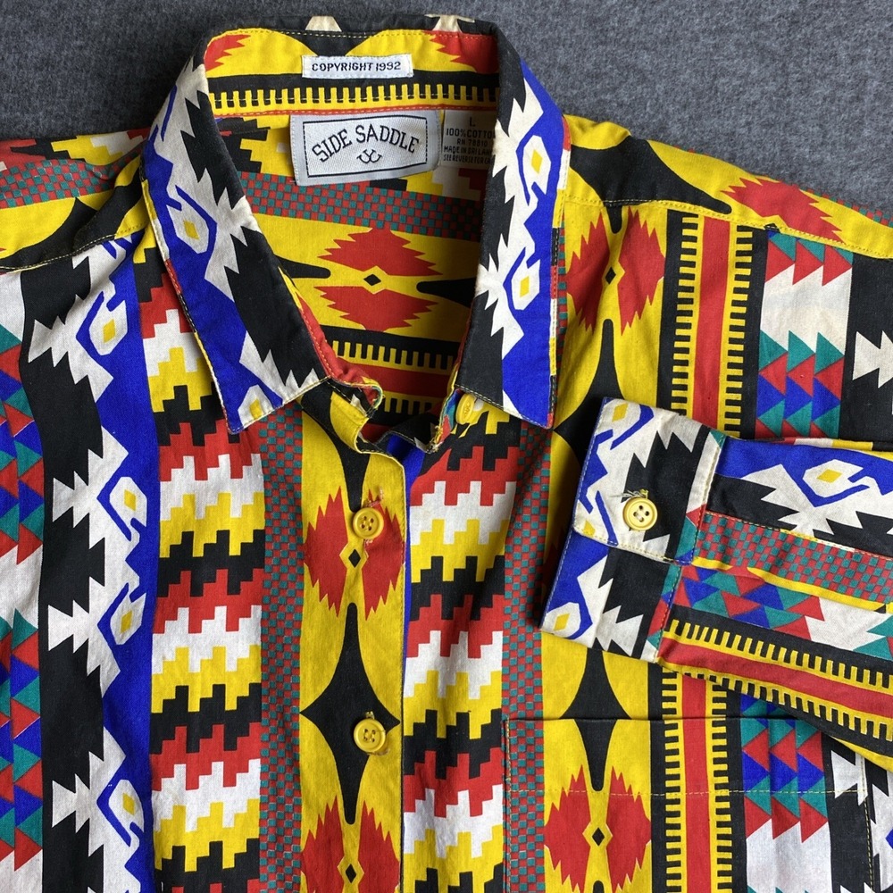 VTG Side Saddle Western Shirt Womens M Aztec Rodeo Color Block 1992 Shoulder Pad